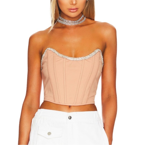 h:ours Tops - Revolve h:ours Sandy Nude Rhinestone Bustier Top SMALL Corset Coquette Crop